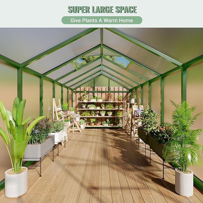 8X12FT Outdoor Greenhouse, Aluminum Polycarbonate House, Green Houses for Outside with Sliding Doors, Ajustable Roof Vent, Withstands Bad Weather for Garden, or Backyard, Green