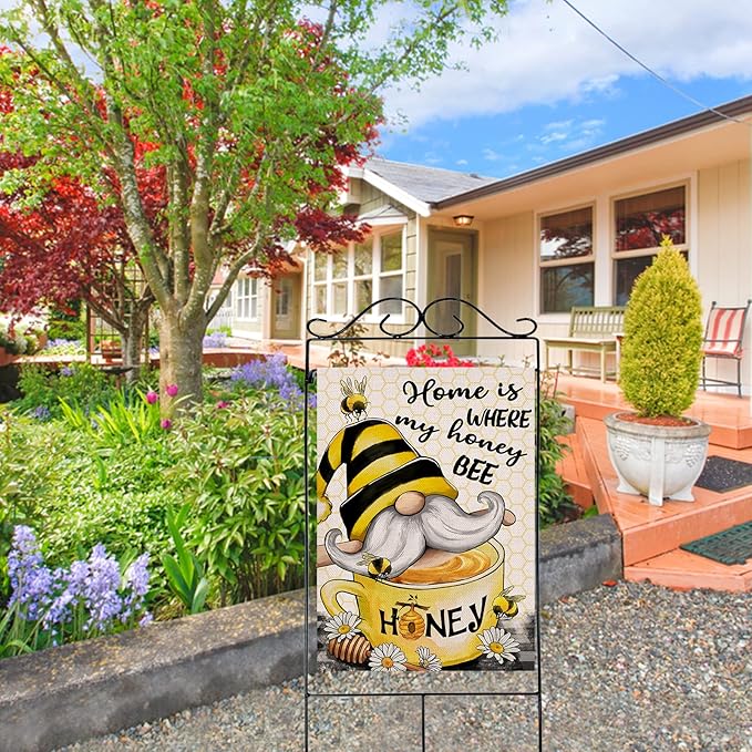 Artofy Home Bumble Bee Gnome Decorative House Flag, Garden Yard Spring Summer Outside Decor, Outdoor Large Burlap Double Sided 28 x 40