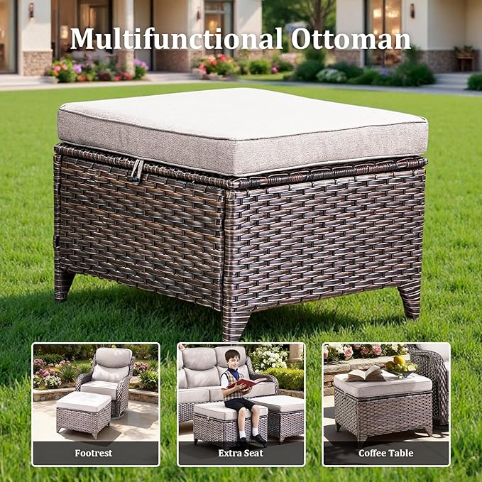 Luxury High Back Patio Furniture Set with 6-Inch Thick Cushions, 6-Pieces Outdoor Furniture with Swivel Chairs &Side Table, Wicker Conversation Set for Porch, Balcony, Deck and Yard, Brown/Beige