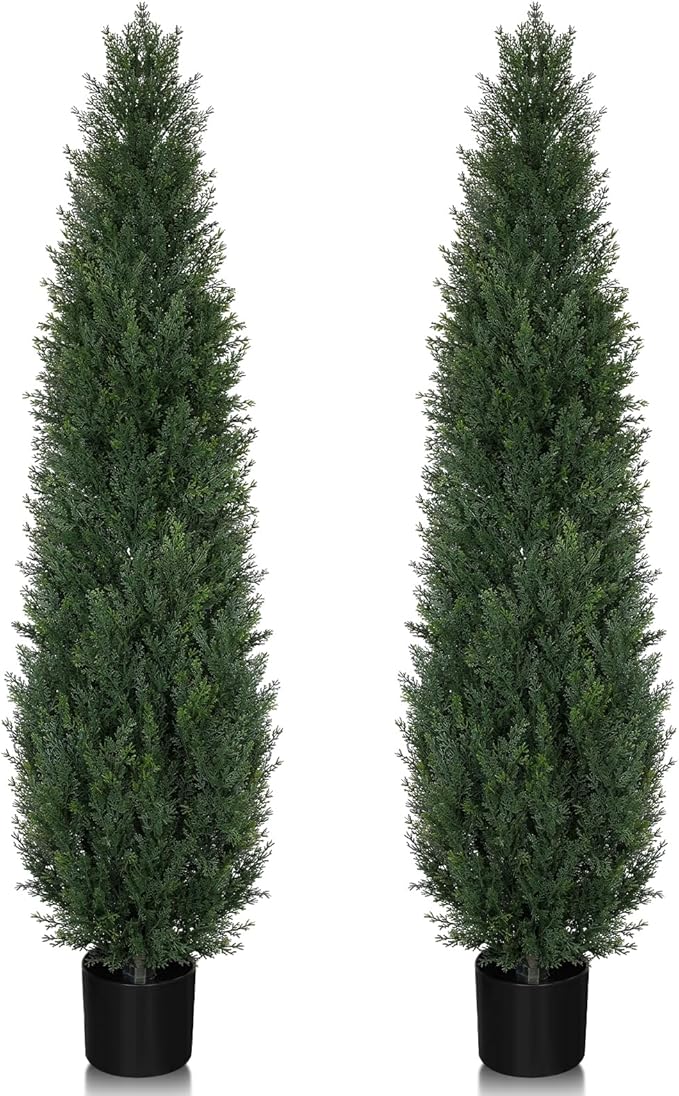 Artificial Cedar Topiary Trees, 5FT UV Resistant Topiary Trees Artificial Outdoors, Realistic Pre-Potted Faux Cypress Plants for Outdoor Porch, Home Entryway, and Garden Decor, Set of 2