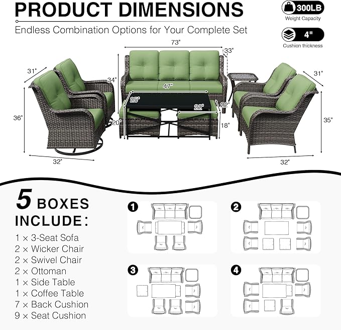 Joyside 9 Piece Wicker Patio Furniture Set, Outdoor Swivel Rocker Patio Chairs with High Back, Deep Seating, Wide Armrest, Thickened Cushions, Outdoor Furniture for Deck, Porch Use