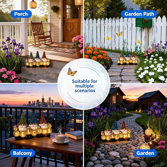 Garden Gnomes Solar Powered Welcome Statue, Outdoor Patio Yard and Garden Decor, Durable Resin, Perfect as, Unique Gifts for Women, Gifts for Grandkids and mom