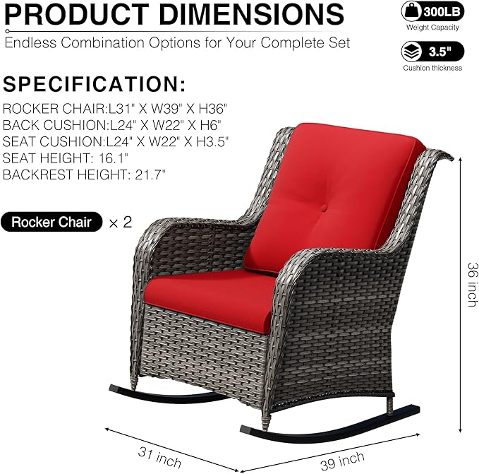 Joyside Outdoor Rocking Chairs Set of 2, Wicker Patio Furniture with High Back, Deep Seating, Wide Armrest, Thickened Cushions, Outdoor Rattan Furniture for Deck, Porch Use