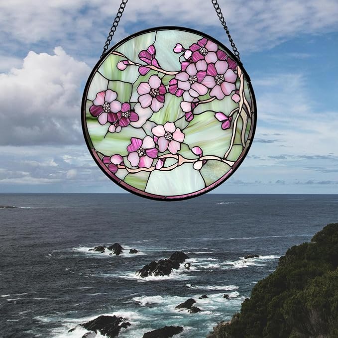 AMDERVEN Stained Glass Window Hanging 4 Pcs Set Tulips Plum Flower Daffodils Hyacinths 7.8" - Suncatcher Door Garden Sun Catcher Decor Birthday Mother's Day for Mom Woman Nana