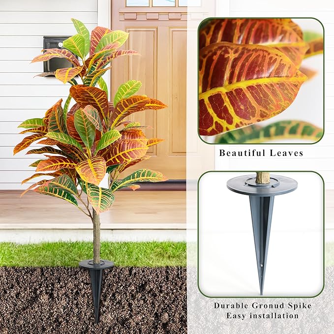 35inch Artificial Croton Plant with Ground Spike, 2 Pack Artificial Plants Outdoors Front Porch, Lifelike Faux Fiddle Leaf Fig Tree for Home Garden Yard Decor
