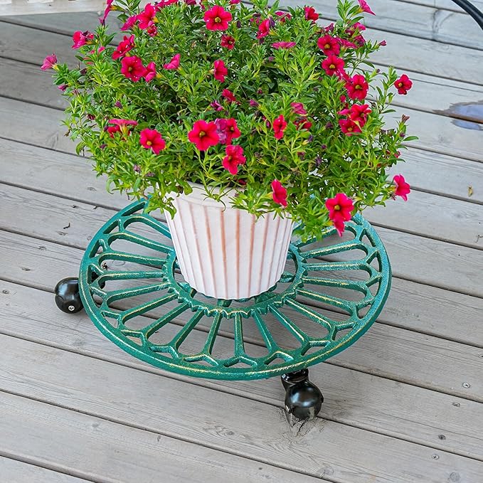 Sungmor Cast Iron Plant Caddy with Wheels, 2PC 14.8" Large & Heavy-duty Rolling Plant Stands, Pretty Garden Pots Tall Planter Dolly, Round Flower Pot Mover Metal Plant Pallet Trolley Tray with Casters