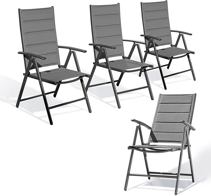 PURPLE LEAF Patio Folding Chairs 4 Pack Outdoor Aluminum Metal Dining Chairs with Padded Seats and Adjustable Backrest Heavy Duty Camping Chairs for Outside, Grey