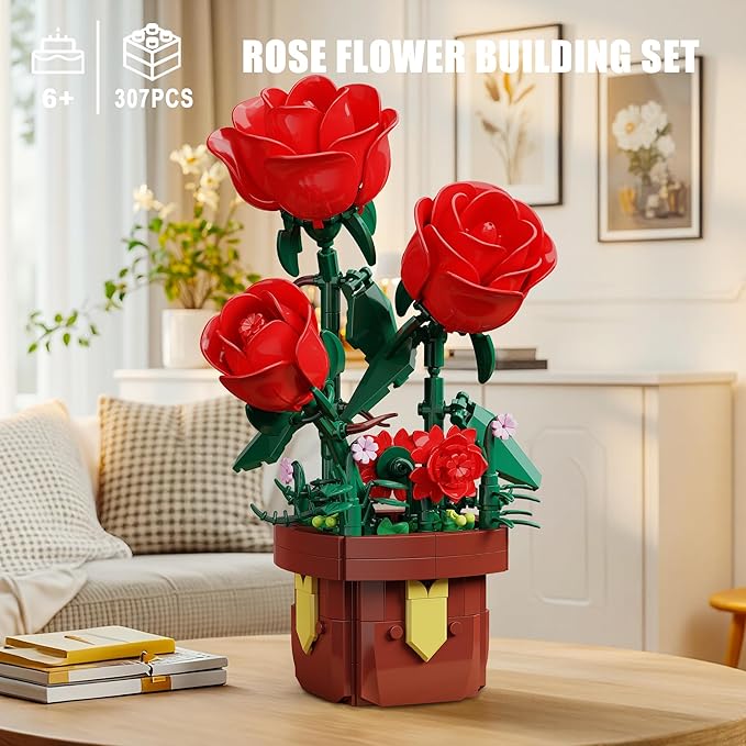EITOLNR Roses Flowers Botanicals Building Sets,Artificial Plants Bonsai Building Blocks Toys for Adults,Indoor Home Office Decor,Easter Christmas Birthday Gift for Adults Women,Girls Age 8-12(307Pcs)