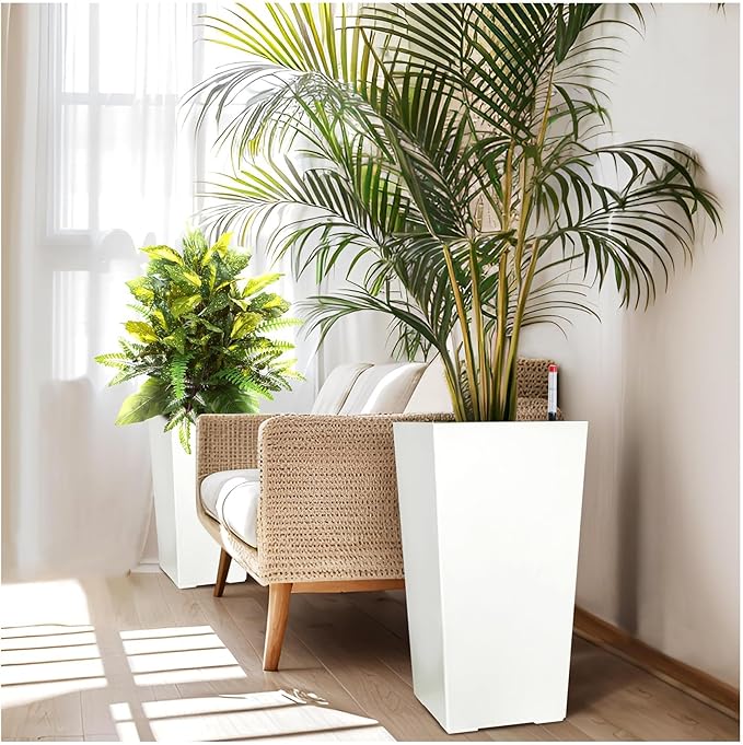 23" Tall Planter - 2-Pack Large Outdoor Indoor Plant Pots with Smart Watering System, Weather-Resistant Durability, Convenient Design, White