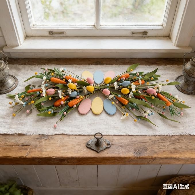 22'' Easter Swag Wreath with Carrots and Easter Eggs for Front Door Artificial Spring Floral Teardrop Swag with White Daisy Flower for Farmhouse Kitchen Cabinet Porch Wall Window Cabinets Wedding Arch