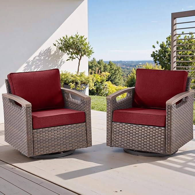 Rilyson 4 Piece Outdoor Patio Swivel Rocking Chairs, All Weather Wicker, Metal Armrest, Deep Seating, Thick Comfortable Cushions, Ideal for Deck Porch Backyard, Brown/Red