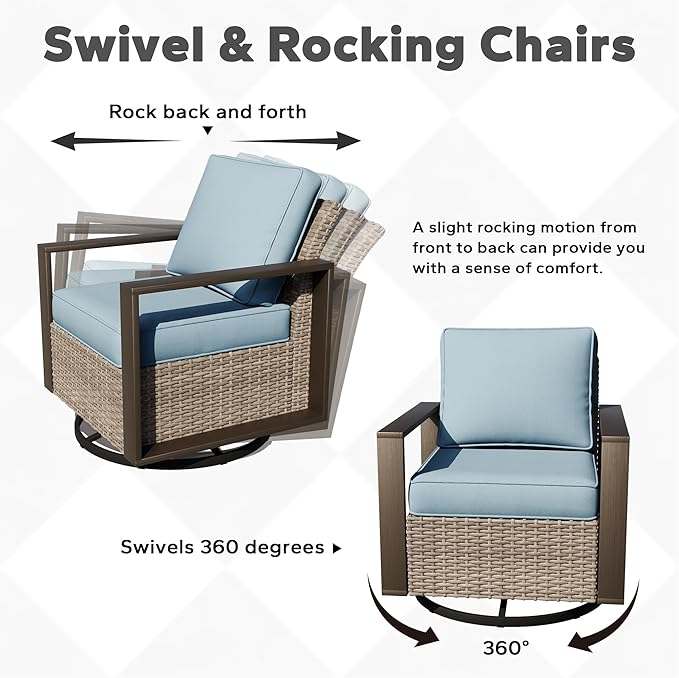 Joyside Outdoor Patio Swivel Rocker Chairs Set, 2 Pieces Wicker Rattan Chairs with Metal Wide Armrest, Thick Cushions and Deep Seating for Garden, Backyard, Porch, Deck