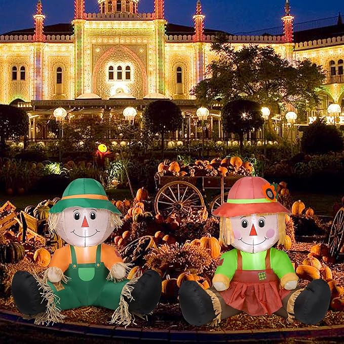 Lulu Home Fall Inflatable Decoration, 3.3FT Air Blown Scarecrow Couples with Built-in LED Lights for Harvest Indoor Outdoor Front Door Yard Lawn Garden Thanksgiving Decor, Set of 2