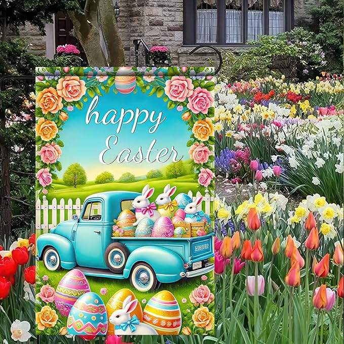 Happy Easter Garden Flag Cute Bunny Truck Yard Flag 12x18 Inch Double Sided Happy Easter Eggs Outdoor Decoration Welcome Easter Outdoor Decoration Spring Farmhouse Holiday