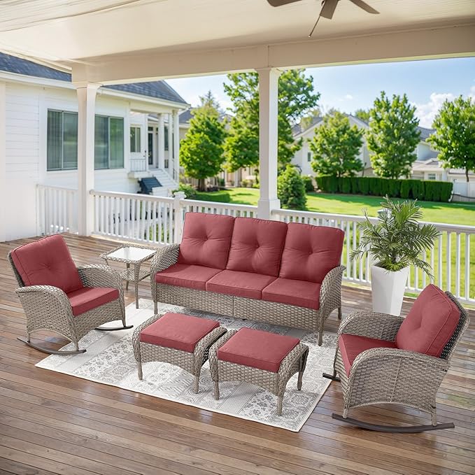 Belord 6 Pieces Patio Rocking Chairs Outdoor Furniture Set with Outdoor Couch and Ottoman Conversation Patio Furniture Set Perfect for Deck Sunroom Backyard Gray/Red