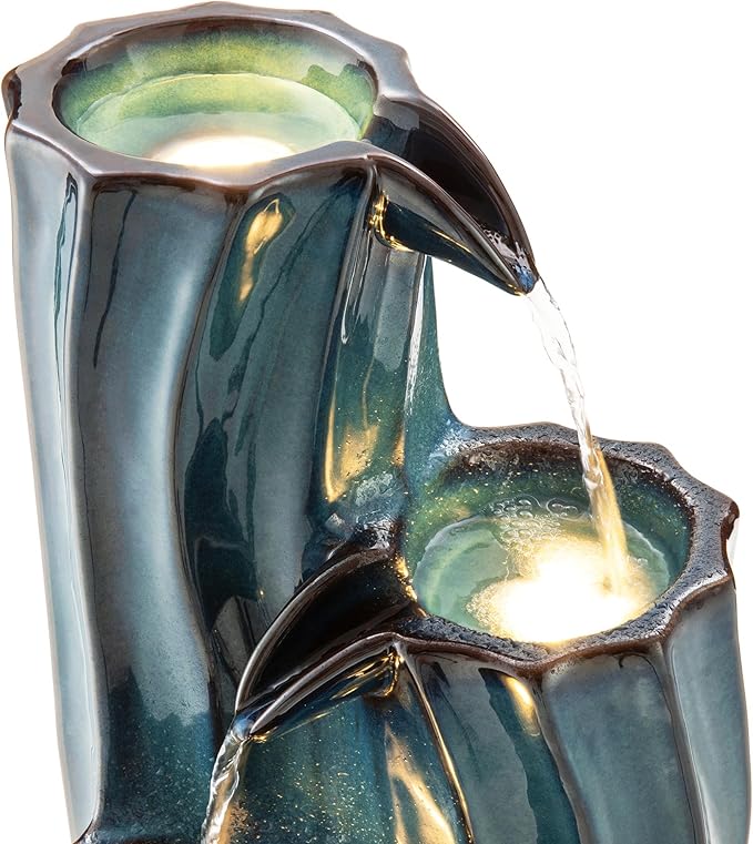 Glitzhome 30" Tall Outdoor Water Fountain with LED Light, Pump & Adapter, 4-Tier Turquoise Wavy Texture Ceramic Cascading Garden Fountains Waterfalls for Porch Deck Patio Backyard