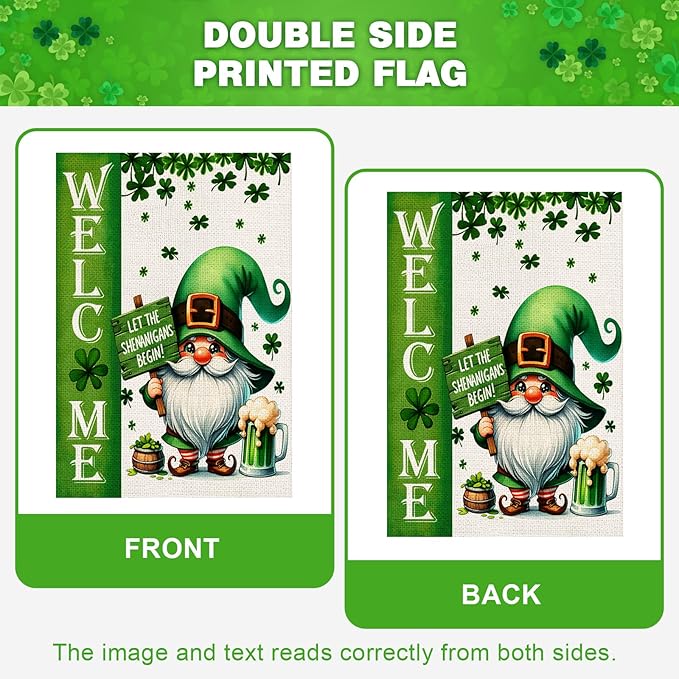 St Patricks Day Welcome House Flag 28x40 Inch Double Sided Gnome Lucky Shamrocks Clovers Large Outside Flag for Yard Outdoor Holiday Decoration