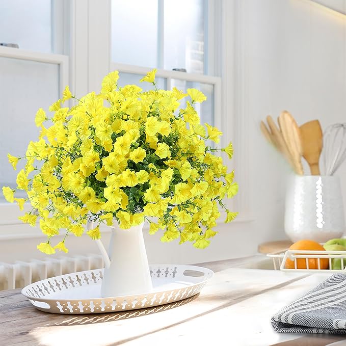 Artificial Flowers for Outdoors 12 Bundles Realistic Faux Plants UV Resistant Fake Silk Morning Glory with Eucalyptus for Front Door Planter Patio Porch Outside Spring Summer Decoration (Yellow)