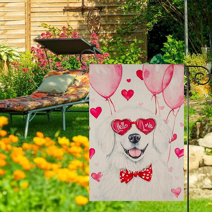 Valentine's Day Great Pyrenees Hello Love Garden Flag, House Yard Plaid Love Heart Outside Decoration, Spring Holiday Wedding Anniversary Outdoor Small Decor 12x18(12629)