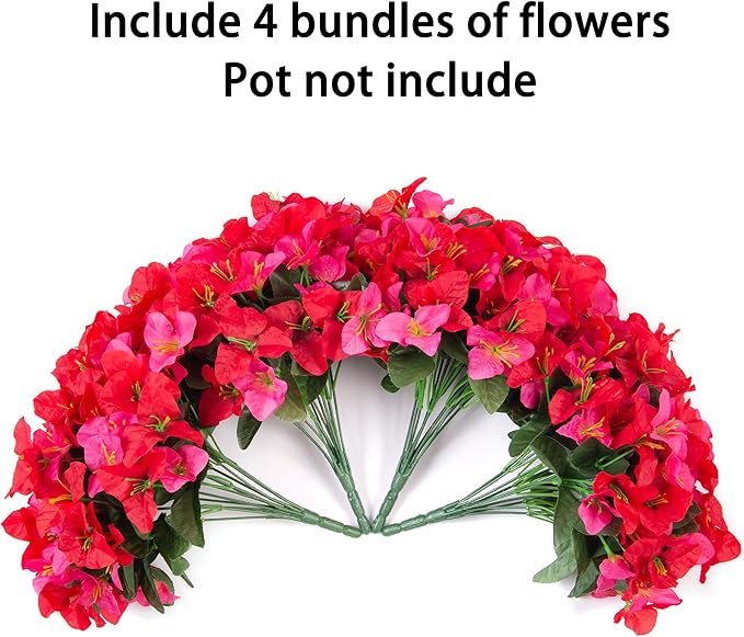 Artificial Flowers for Outdoors Outside Spring Summer Decor, 4 Bundles Silk Bougainvillea Fake Plants Faux Outdoor Flowers for Planters UV Resistant Realistic for Porch Window Garden Home, RedHotpink