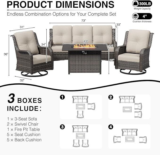 Joyside 4 Piece Wicker Patio Furniture Set with Fire Pit Table, Outdoor Swivel Rocker Patio Chairs with High Back, Deep Seating, Wide Armrest, Thickened Cushions, Outdoor Furniture for Deck, Porch Use