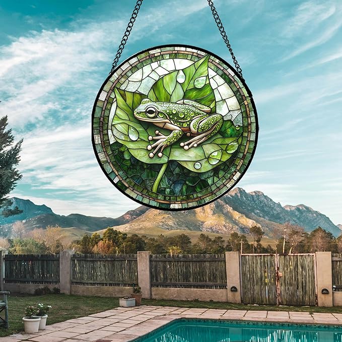 Stained Glass Window Hanging - Cute Frog Suncatcher for Doors Garden Patio Green Leaves Sun Catchers Decor Christmas Mother's Day Birthday Gifts for Women Men Mom Nana Boy Friend 9.8 in