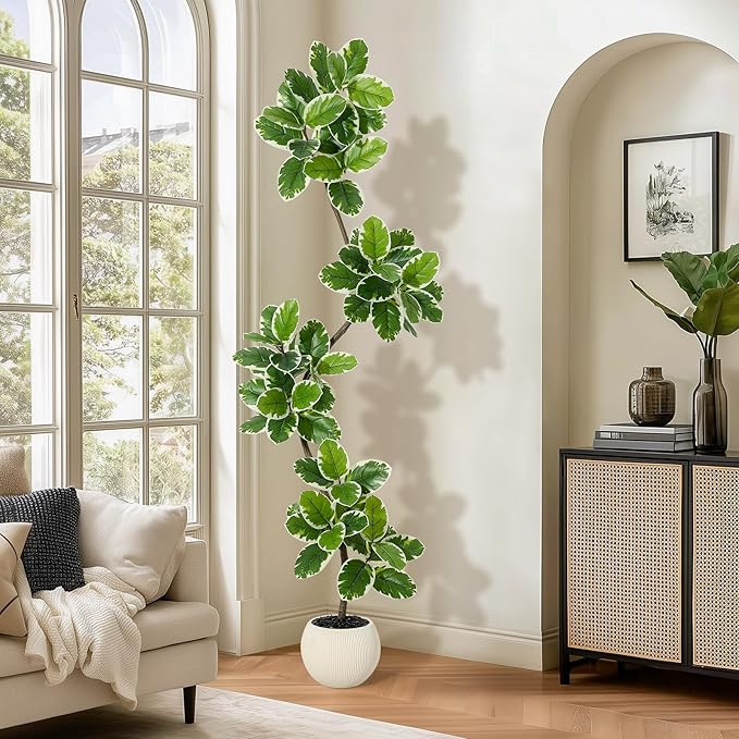 GarveeHome Fiddle Leaf Fig Tree Artificial Indoor, 7 ft Tall Faux Rubber Tree with Sphere Planter, Tall Artificial Plants with Moss for Home Decor Office Living Room