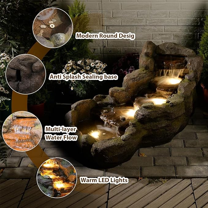 42" L Outdoor Water Fountain with 3 Tiers Cascading Realistic Tree Trunk Waterfall Fountains with LED Lights Outdoor Water Fountain for Garden Patio Backyard Porch Home Decor