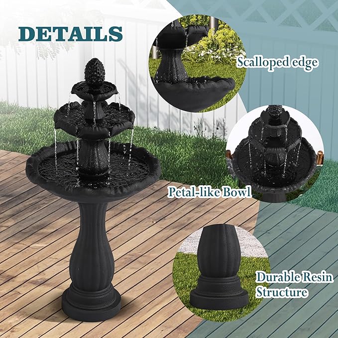 MAGIC UNION Garden Water Fountain Outdoor, 47.3" High Large Roman Italian Indoor Waterfalls, 3-Tier Standing Water Feature Fountains w/Pump & Pineapple Top for Outside Patio, Yard and Lawn (Black)