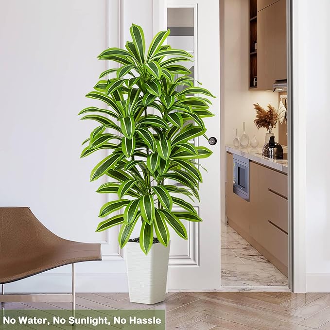 Artificial Yellow Dracaena Tree - 6FT Tall Fake Plants with White Tall Planter - Artificial Plants Indoor Floor Plant in Pot - Large Tropical Fake Yucca Potted Tree for Home Office Living Room Decor
