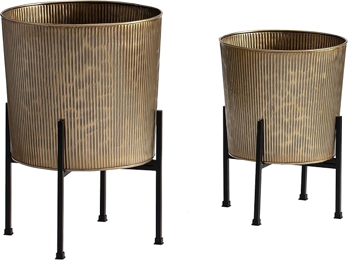 Saffron Fabs Metal Planters with Stand - Set of 2, Antique Gold (PL-GLD-SET-3002)