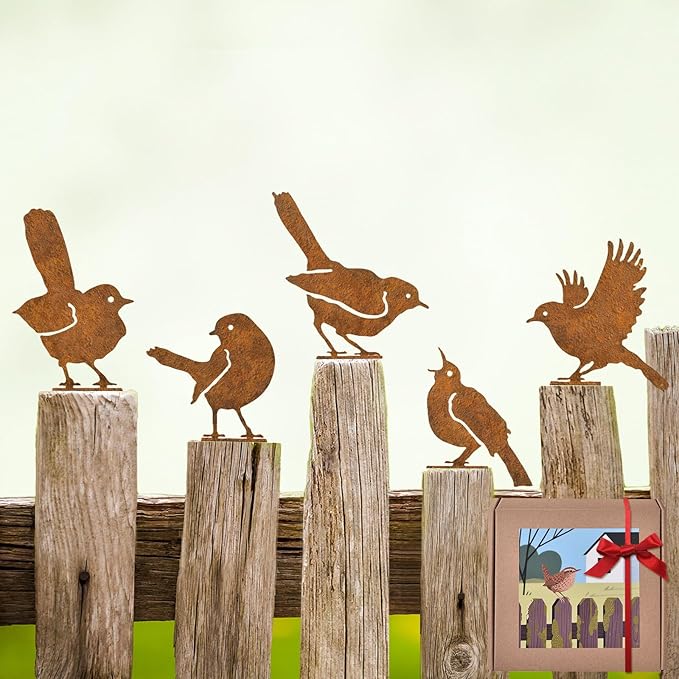 KIFEKKUL 5PCS Rusty Bird Decor, Garden Sculptures and Yard Art, Yard Decorations Outdoor, Metal Bird Wall Decor, Fence Decorations Outdoor, Rustic Garden Decor, Outdoor Statues, Metal Birds Yard Decor