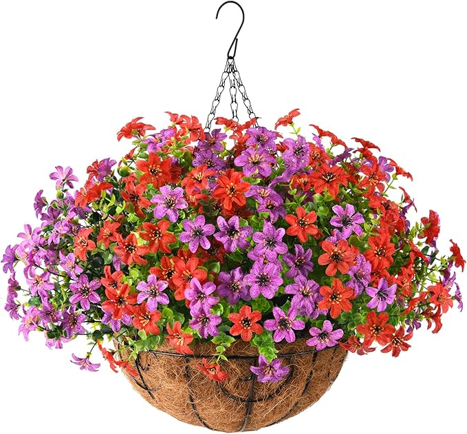INQCMY Artificial Flowers Hanging Baskets for Outdoors Spring Decor, 12 Bundles Fake Plants Faux Silk Daisy with Eucalyptus Stem UV Resistant for Outside Patio Balcony Garden(Red Purple)