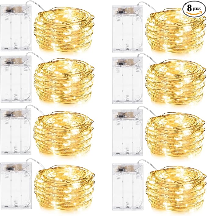 Minetom Fairy Lights Battery Operated, 8 Pack 7 FT 20 LED String Lights with Timer, Waterproof Silver Wire Christmas Fairy Light for Bedroom Party Wedding Decorations, Warm White