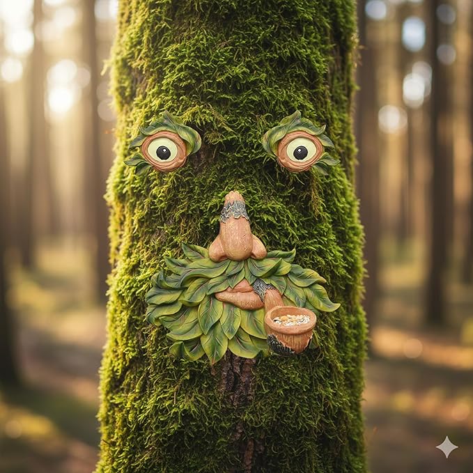 Flytime Tree Face Garden Decor with Bird Feeder - 12 Inch Whimsical Outdoor Statue, Weather Resistant Resin Tree Hugger Art for Yard & Garden