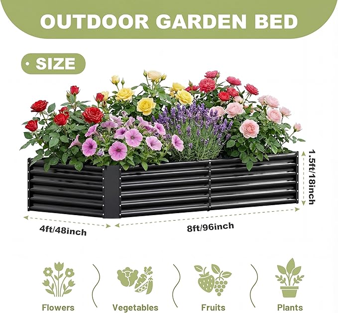 AHEONLAR 2 Pack 8×4×1.5ft Galvanized Raised Garden Beds Outdoor, Rectangle Sturdy and Durable Planter Boxes for Vegetables, Fruits, Flowers and Plants, Easy Assembly, Black