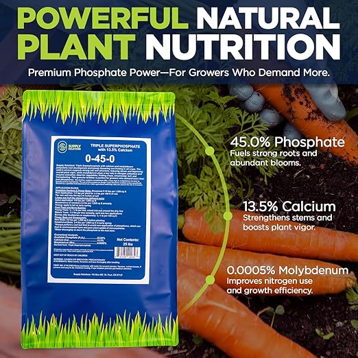 Supply Solutions | 0-45-0 Triple Superphosphate with 13.5% Calcium | High Phosphorus Bloom Booster Fertilizer for Indoor Plants, Flowers, Orchids, Citrus, Lawns, Vegetables & Fruit Trees (25 Pounds)