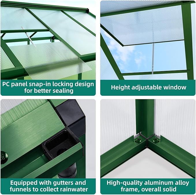 6x10 FT Greenhouse - Large Aluminum Greenhouses for Outdoors, Heavy Duty Polycarbonate Greenhouse with Roof Vent&Ground Nails, Walk-in Green Houses for Garden, Backyard, Patio, Easy Assembly