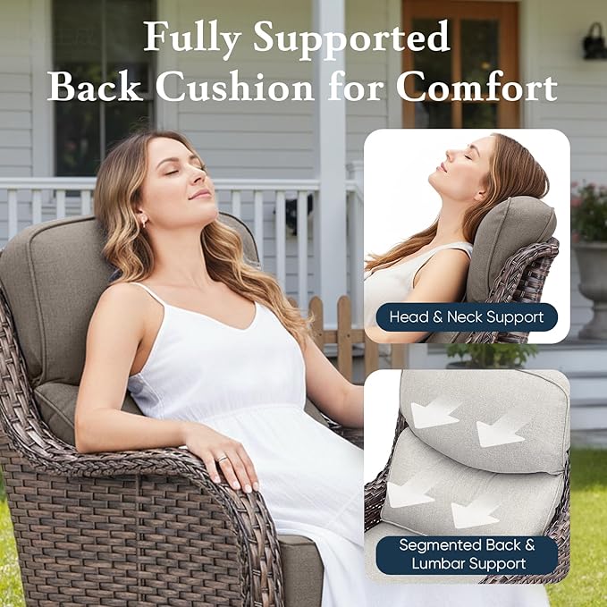 Belord Luxury 6" Thick Cushioned 7 Pieces Patio Furniture Set with Fire Pit Table, Wicker Outdoor Conversation Set with High Back Swivel Rocker Chairs for Deck Porch Yard and Poolside - Brown+Grey