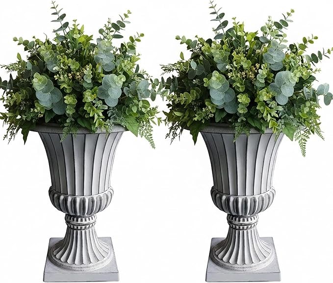 Austram Urn Planters 22", Set of 2, Tall Stone-Resin Pedestal Planters for Outdoor Plants, Large Front Porch Decor, Patio Garden Pots, Outdoor Urns for Entryway, Porch & Deck, White Plant Pot