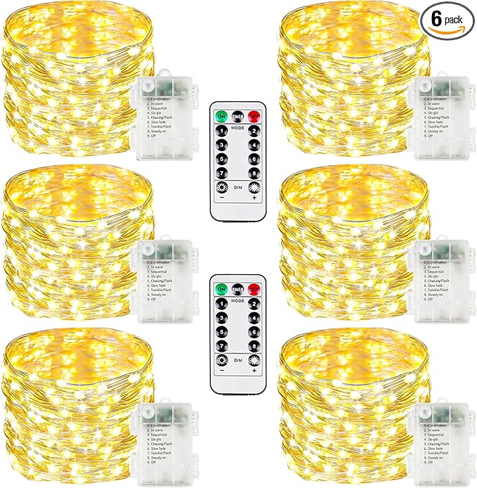 6 Pack Fairy Lights Battery Operated with Remote, 120LED 40FT Twinkle Lights Waterproof Outdoor Indoor Decor, 8 Modes Battery String Light Timer for Christmas Party Birthday Home DIY Décor(Warm White)
