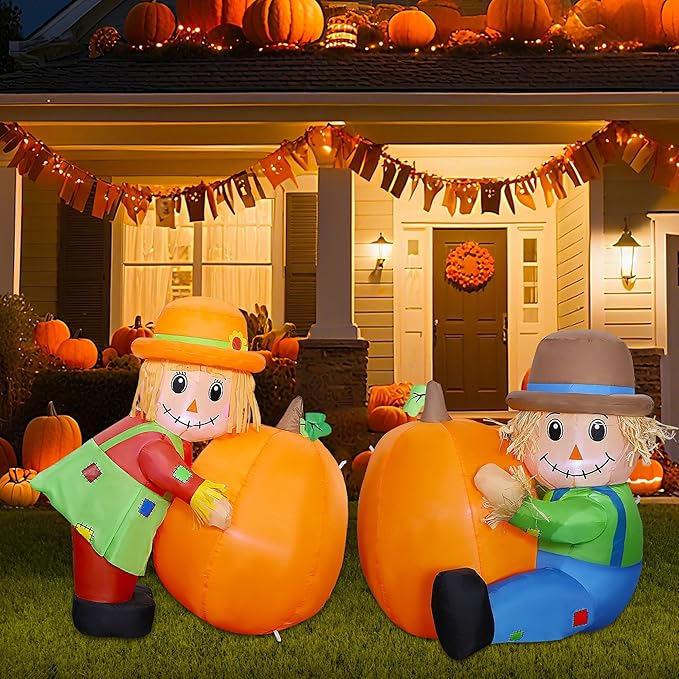Lulu Home Thanksgiving Inflatable Decoration, Set of 2 Air Blown Scarecrow Couples with Built-in LED Lights for Fall Autumn Harvest Decor (Sitting & Standing Scarecrows)