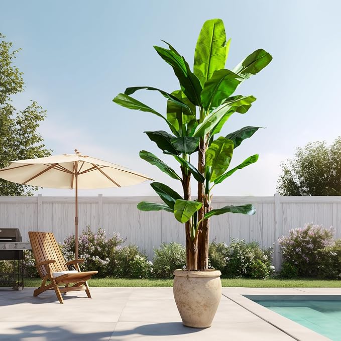 Artificial Banana Tree 9ft, Faux Tropical Palm Tree Plant with Realistic Leaves, Low Maintenance Indoor Outdoor Decor for Home Office Porch, in Nursery Pot