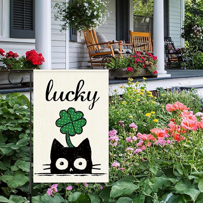 St Patricks Day Garden Flag 12x18 Inch Double Sided,Lucky Shamrocks Cat Outdoor Irish Decor House Porch Flag for St Patrick's Day Party and Yard Decorations