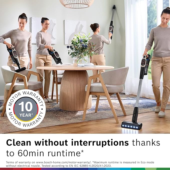 Bosch Unlimited 9 Cordless Stick Vacuum, Fast Charger, Up to 60-Min Runtime, MicroClean Brush, >99.9% Dust Pick-up, HEPA Filter, Pet Hair, Carpets & Hard Floors, 6 Accessories, Dark Cream