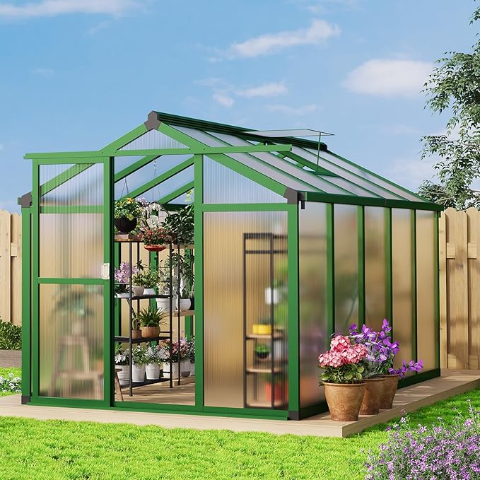 6x10 ft Greenhouse, Aluminum Frame & Polycarbonate Panel Greenhouse for Outdoors, Green House with Adjustable Roof Vent & Lockable Door, Durable Walk-in Green Houses for Backyard, Patio, Lawn