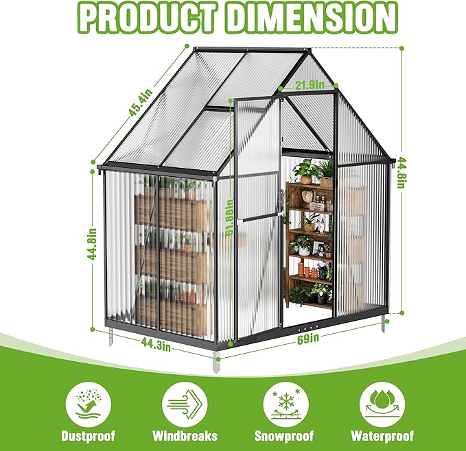 6x4FT Polycarbonate Green House with Roof Vent, Large Aluminum Frame Quick Setup Greenhouse, Walk in Green Houses Heavy Duty for Winter Outside Backyard Garden Patio (6x4FT)