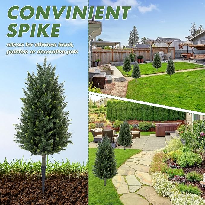 Pair Artificial Cedar Topiary Christmas Trees, 3ft UV-Resistant Faux Cypress shrubs w/Ground Spikes (Including Lights),Tall Evergreen Decorative Plants for Outdoor & Indoor Porch, Patio, and Garden