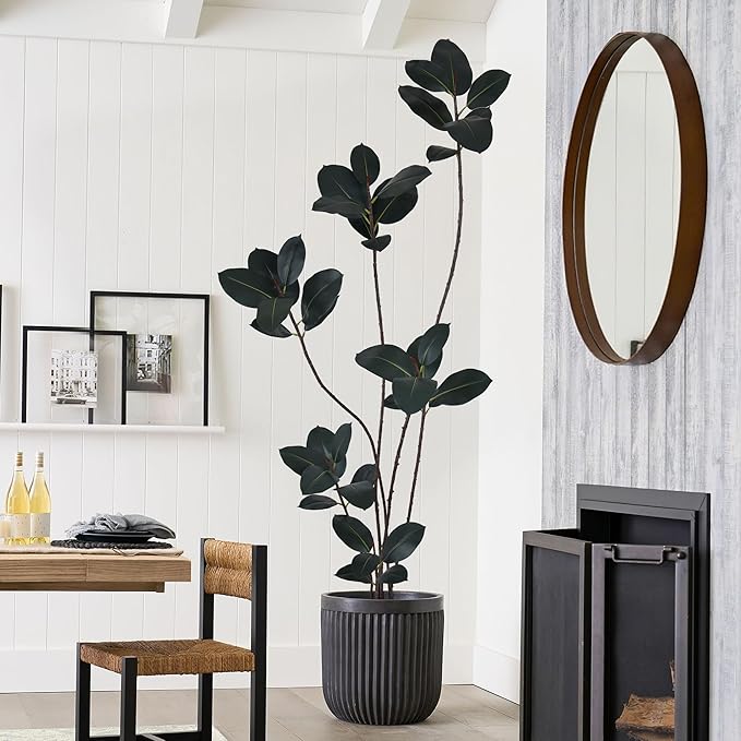 Artificial Rubber Tree 7FT with 40 Glossy Leaves & 6 Heads & Black Pot Cover with Coconut Fiber Realistic Tall Large Faux Tropical Ficus Elastica Plant 84 Inch for Indoor Home Modern Decor