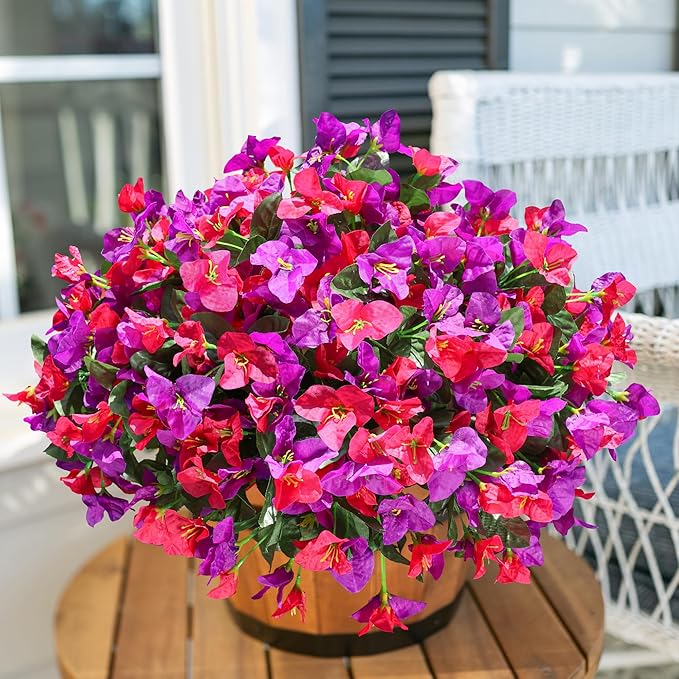 Artificial Fake Flowers for Outdoors Bougainvillea Spring Summer Outside Decor, 4 Bundles Realistic Silk Flower Plants UV Resistant Faux Flowers for Outdoor Planters Patio Porch Window Garden Home